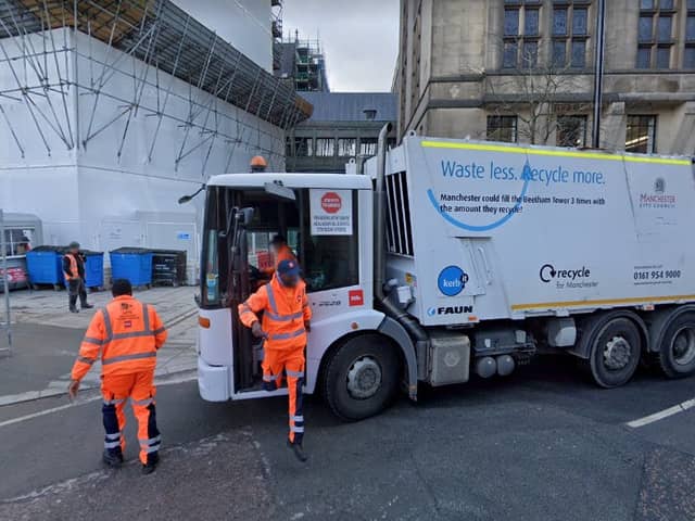 Bin collections by Biffa outside Manchester Town Hall in April 2021. Credit: Google.