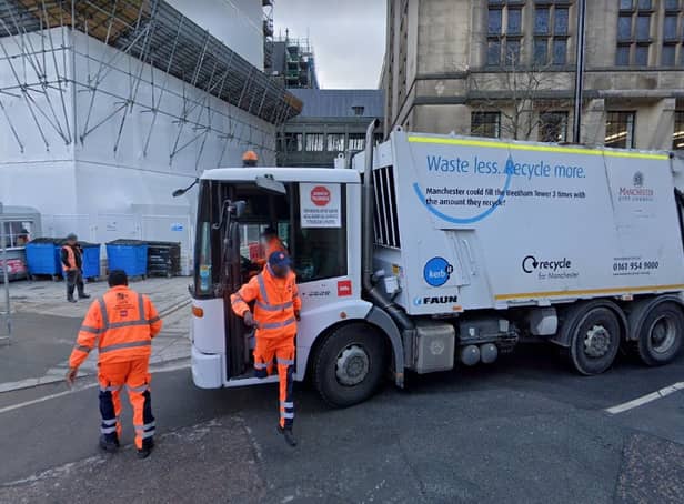 <p>Bin collections by Biffa outside Manchester Town Hall in April 2021. Credit: Google.</p>