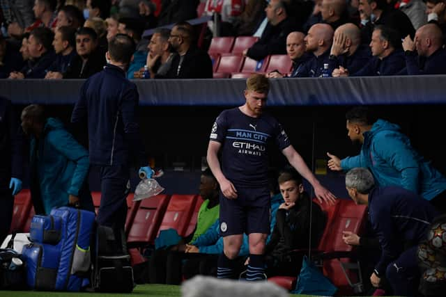 Kevin De Bruyne was taken off with an injury against Atletico Madrid. Credit: Getty.