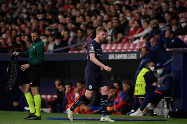 Kevin De Bruyne picked up his injury in Wednesday’s trip to Madrid. Credit: Getty.
