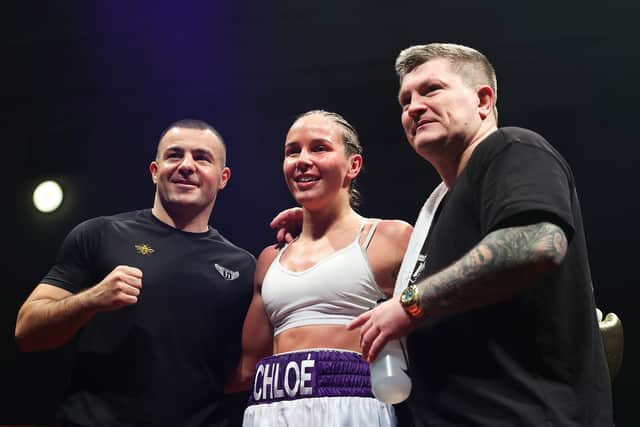 Chloe Watson poses for a photo with her trainer Ricky Hatton (R) after the Flyweight fight between Chloe Watson and Judit Hachbold as part of the Wasserman Boxing development series at York Hall on November 25, 2021 in London, England. (Photo by James Chance/Getty Images)