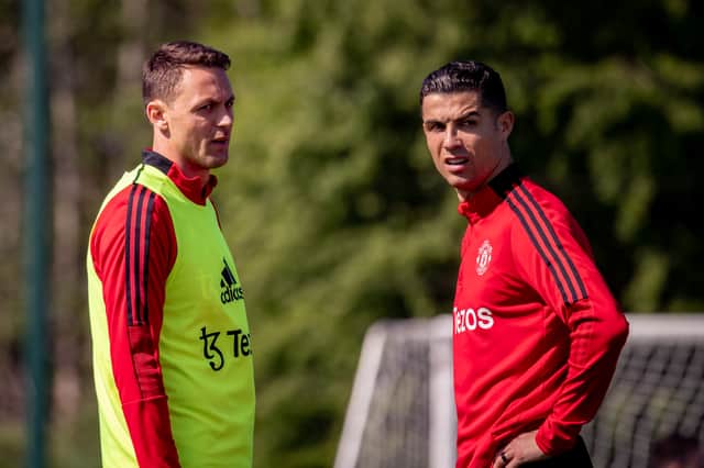 Cristiano Ronaldo was pictured in training this week at Carrington. Credit: Getty.