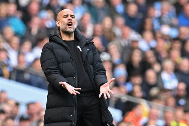 Pep Guardiola reacts during Manchester City’s 5-1 win over Watford on Saturday. Credit: Getty.