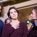 Amanda Knox speaking to the media in 2015 after being acquitted of the murder of British student Meredith Kercher. Photo: Stephen Brashear/Getty Images