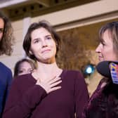 Amanda Knox speaking to the media in 2015 after being acquitted of the murder of British student Meredith Kercher. Photo: Stephen Brashear/Getty Images
