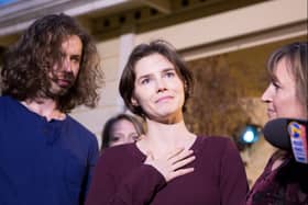 Amanda Knox speaking to the media in 2015 after being acquitted of the murder of British student Meredith Kercher. Photo: Stephen Brashear/Getty Images