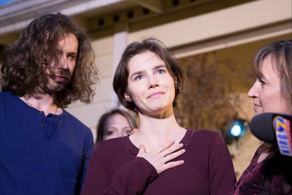 Amanda Knox speaking to the media in 2015 after being acquitted of the murder of British student Meredith Kercher. Photo: Stephen Brashear/Getty Images