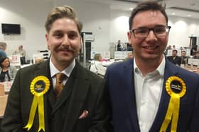 Newly elected Lib Dem councillors Alex Warren and Chris Twells at the Salford local elections 2022. Credit: LDRS