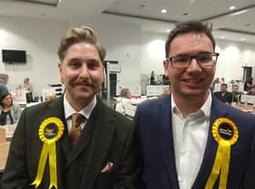 Newly elected Lib Dem councillors Alex Warren and Chris Twells at the Salford local elections 2022. Credit: LDRS