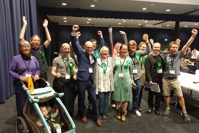 Celebrations for the Greens after gaining a seat in Woodhouse Park. Photo: Joseph Timan