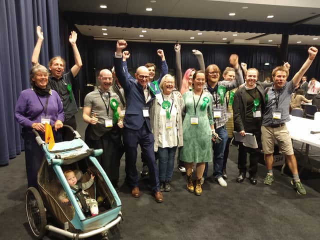 Celebrations for the Greens after gaining a seat in Woodhouse Park. Photo: Joseph Timan