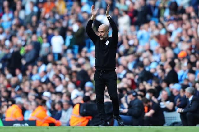 Pep Guardiola didn’t seem in an upbeat despite the 5-0 win over Newcastle. Credit: Getty.