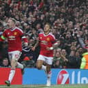 Wayne Rooney of Manchester United celebrates scoring their first goal during the UEFA Champions League match between Manchester United and CSKA Moscow at Old Trafford on November 3, 2015