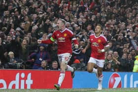 Wayne Rooney of Manchester United celebrates scoring their first goal during the UEFA Champions League match between Manchester United and CSKA Moscow at Old Trafford on November 3, 2015