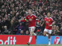 Wayne Rooney of Manchester United celebrates scoring their first goal during the UEFA Champions League match between Manchester United and CSKA Moscow at Old Trafford on November 3, 2015