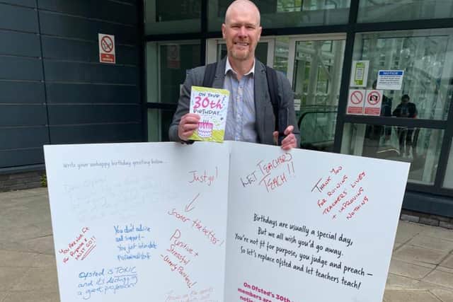 Ofsted receives an ‘unhappy birthday’ card from members of the National Education Union in Manchester