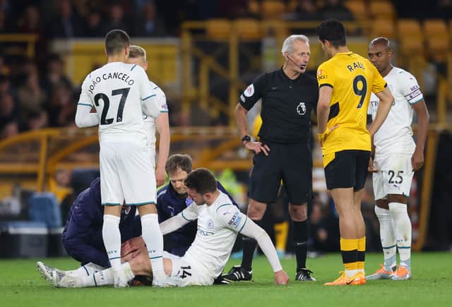 Aymeric Laporte picked up an injury as Manchester City beat Wolverhampton Wanderers 5-1. Credit: Getty. 