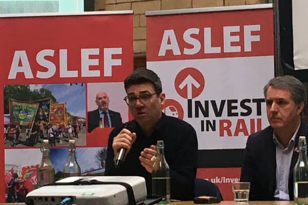 Greater Manchester Andy Burnham at the ASLEF Invest in Rail campaign. Credit: LDRS