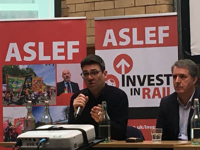Greater Manchester Andy Burnham at the ASLEF Invest in Rail campaign. Credit: LDRS