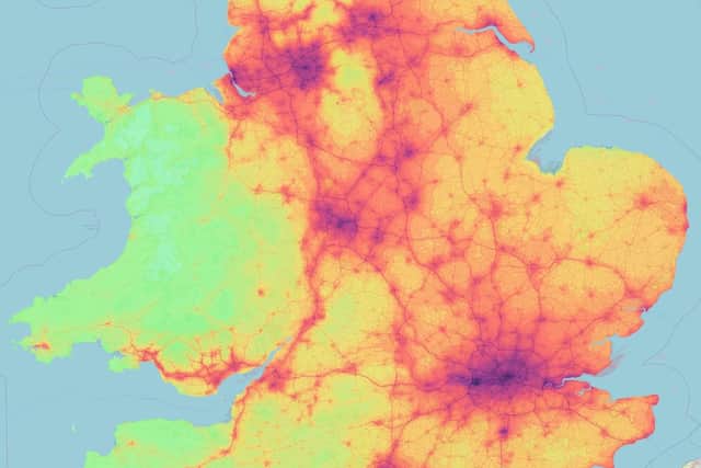 An air pollution heatmap of the UK produced by the COPI
