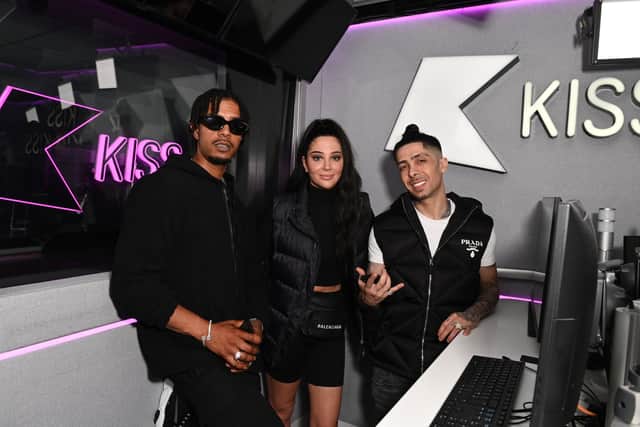 Fazer, Tulisa and Dappy of N-Dubz pose for a photo during a visit Kiss FM on May 16, 2022