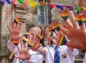 The opening flag-raising ceremony at Pride in Trafford. Photo: Jason Lock