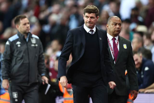 Steven Gerrard, Manager of Aston Villa leaves the pitch at half time during the Premier League match between Aston Villa and Burnley at Villa Park