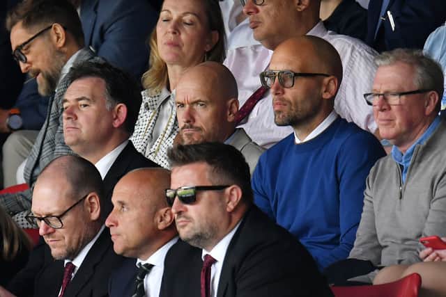 Incoming manager Eric ten Hag, Mitchell van der Gaag and Steve McClaren of Manchester United watches from the directors' box ahead of the Premier League match between Crystal Palace and Manchester United at Selhurst Park on May 22, 2022