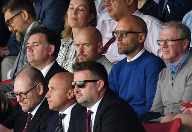 Incoming manager Eric ten Hag, Mitchell van der Gaag and Steve McClaren of Manchester United watches from the directors' box ahead of the Premier League match between Crystal Palace and Manchester United at Selhurst Park on May 22, 2022