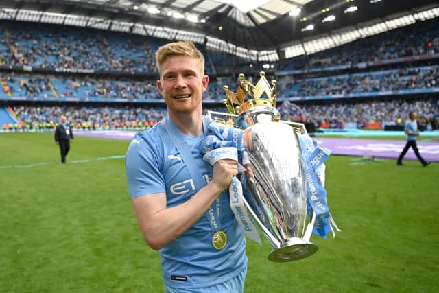 That’s four Premier League titles for City’s brilliant Belgian. Credit: Getty.