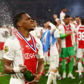 Jurrien Timber celebrating Ajax’s Eredivisie title win.