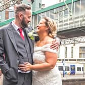 Liam and Jennifer King at Manchester Oxford Road station on their wedding day