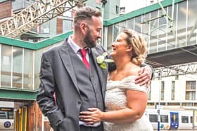 Liam and Jennifer King at Manchester Oxford Road station on their wedding day
