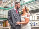 Liam and Jennifer King at Manchester Oxford Road station on their wedding day