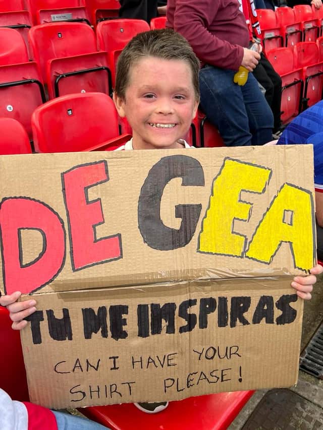 Morgan Bishop and his De Gea sign Credit: Paul Bishop / SWNS