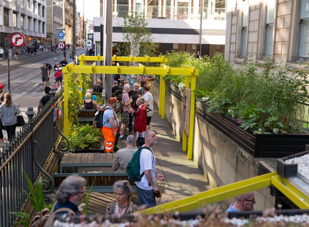 <p>The new urban pocket park inspired by Derek Jarman outside Manchester Art Gallery. Photo: Andrew Brooks </p>