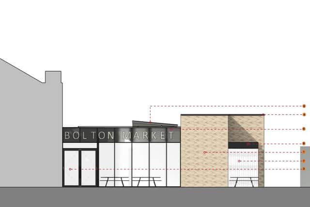 A diagram of the west elevation of the market hall