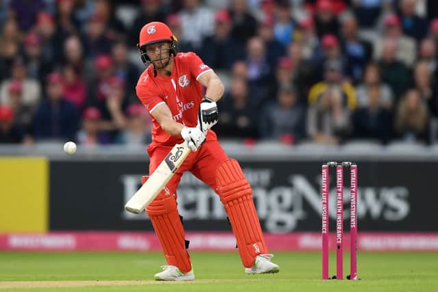 Jos Buttler of Lancashire bats during the Vitality Blast match between Lancashire Lighting and Yorkshire Vikings at Old Trafford 
