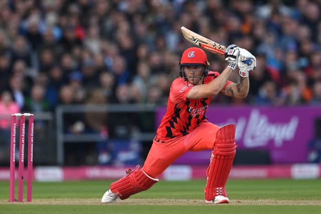 Lightning batsman Phil Salt hits out during the Vitality T20 Blast match between Lancashire Lightning and Yorkshire Vikings at Emirates Old Trafford on May 27, 2022 