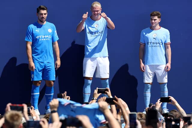 Stefan Ortega Moreno, Erling Haaland and Julian Alvarez were unveiled as Manchester City players. Credit: Getty.