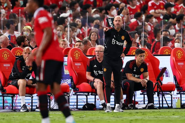 Erik ten Hag instructing his players as Manchester United beat Liverpool 4-0. Credit: Getty.