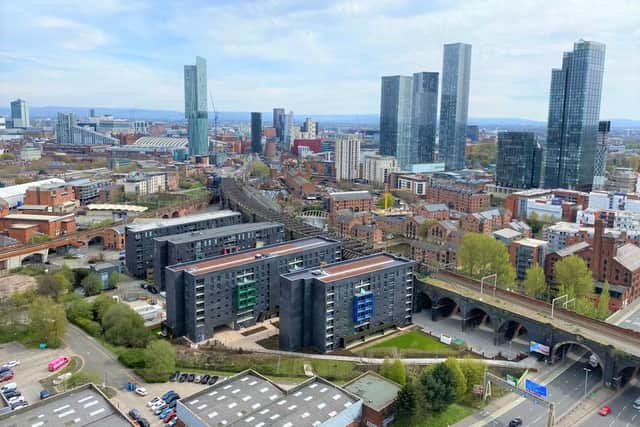 The view of the Manchester skyline from the roof of One Regent Tower