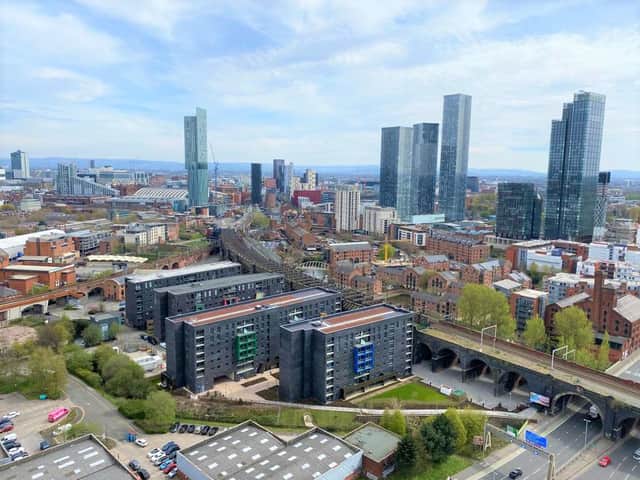 The view of the Manchester skyline from the roof of One Regent Tower