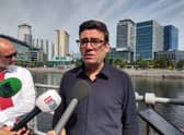 Greater Manchester mayor Andy Burnham announces new bus fares in Salford Quays on Thursday, June 16, 2022. Credit: LDRS.