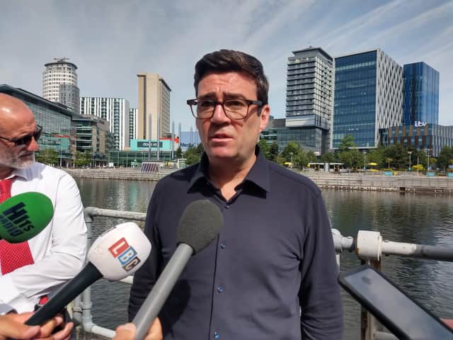 Greater Manchester mayor Andy Burnham announces new bus fares in Salford Quays on Thursday, June 16, 2022. Credit: LDRS.