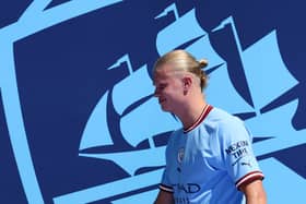 Erling Haaland was spotted in the latest Manchester City training video. Credit: Getty.