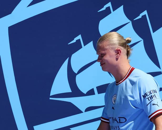 Erling Haaland was spotted in the latest Manchester City training video. Credit: Getty.