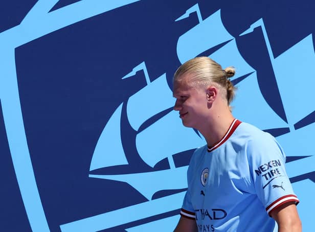 <p>Erling Haaland was spotted in the latest Manchester City training video. Credit: Getty.</p>
