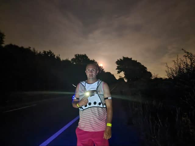 Ben walking through the night on his incredible non-stop challenge