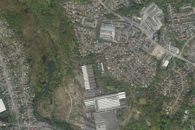 Aerial photograph of Spodden Park (former Turner Brothers Asbestos factory, in Spotland, Rochdale). Credit: BECG